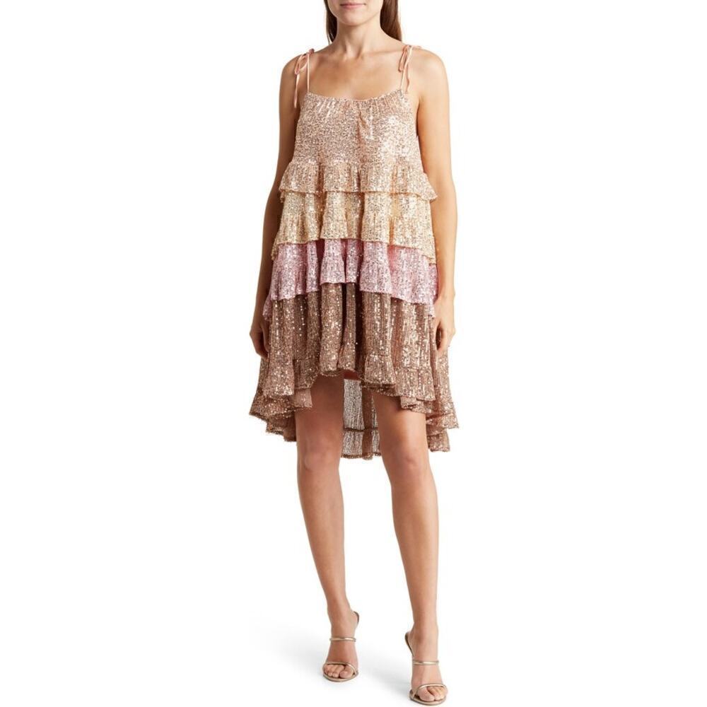 Area Stars Colorblock Dress Sequin Tiered Trapeze Swing Mini Multi NWT Small